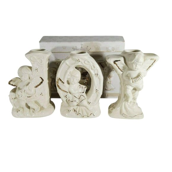 Vintage 1998 Crown Glazed  Ceramic Joy 3pc. Candle Holder Set - Picture 1 of 5